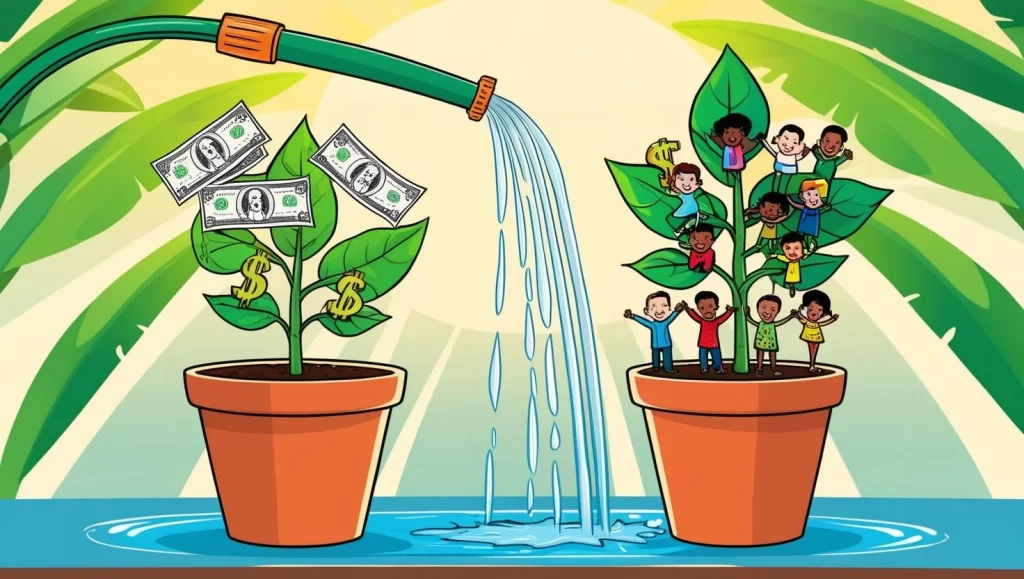 drawing of two plants one with money on it and the other with people, both being watered, and representing Growing Impact or profit